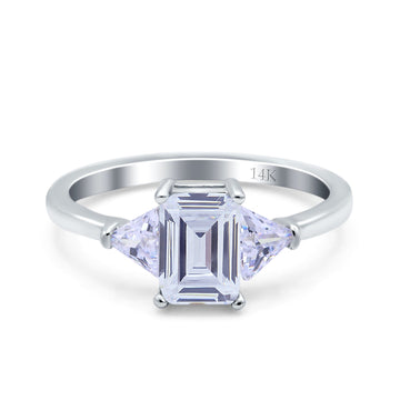 14K White Gold Emerald Cut Art Deco Engagement Ring Simulated Cubic Zirconia